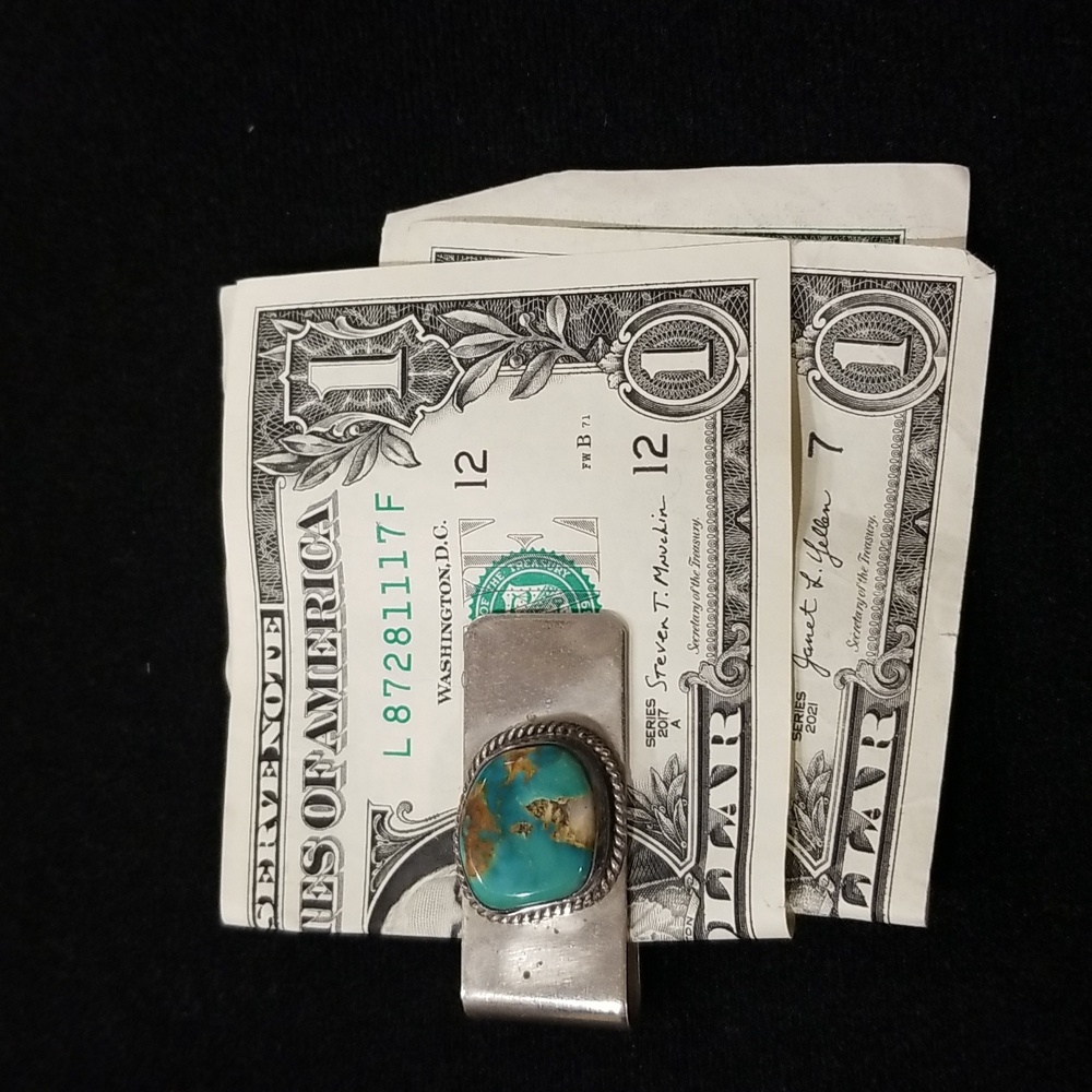 Navajo Old Pawn Sterling and Turquoise Money Clip. - Picture 2 of 4